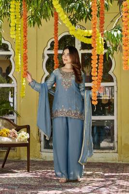 Teal fendy satin top bottom dupatta set 4