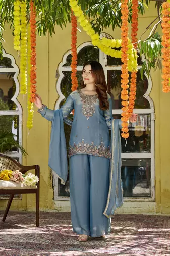Teal fendy satin top bottom dupatta set