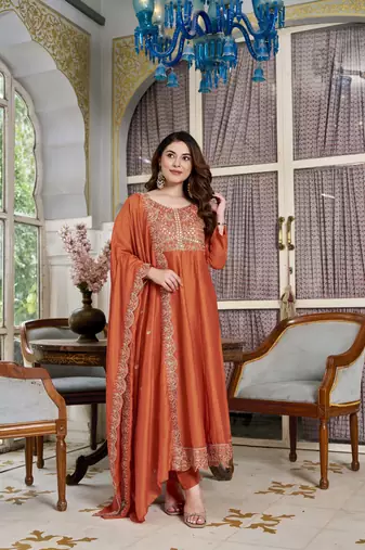 Orange cp vichitra embroidered suit set