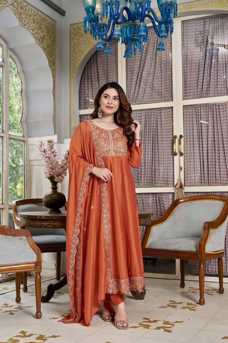 Orange cp vichitra embroidered suit set
