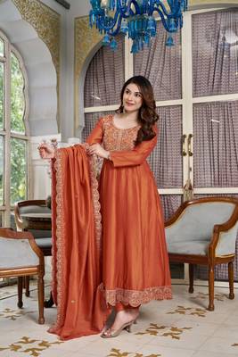 Orange cp vichitra embroidered suit set 2