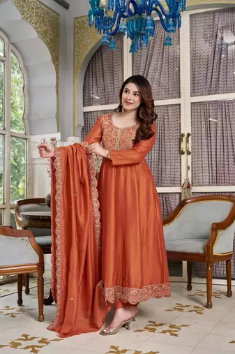 Orange cp vichitra embroidered suit set