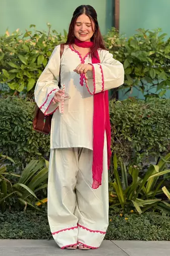 Off white cotton kurti patiala gharara set with chinnon dupatta