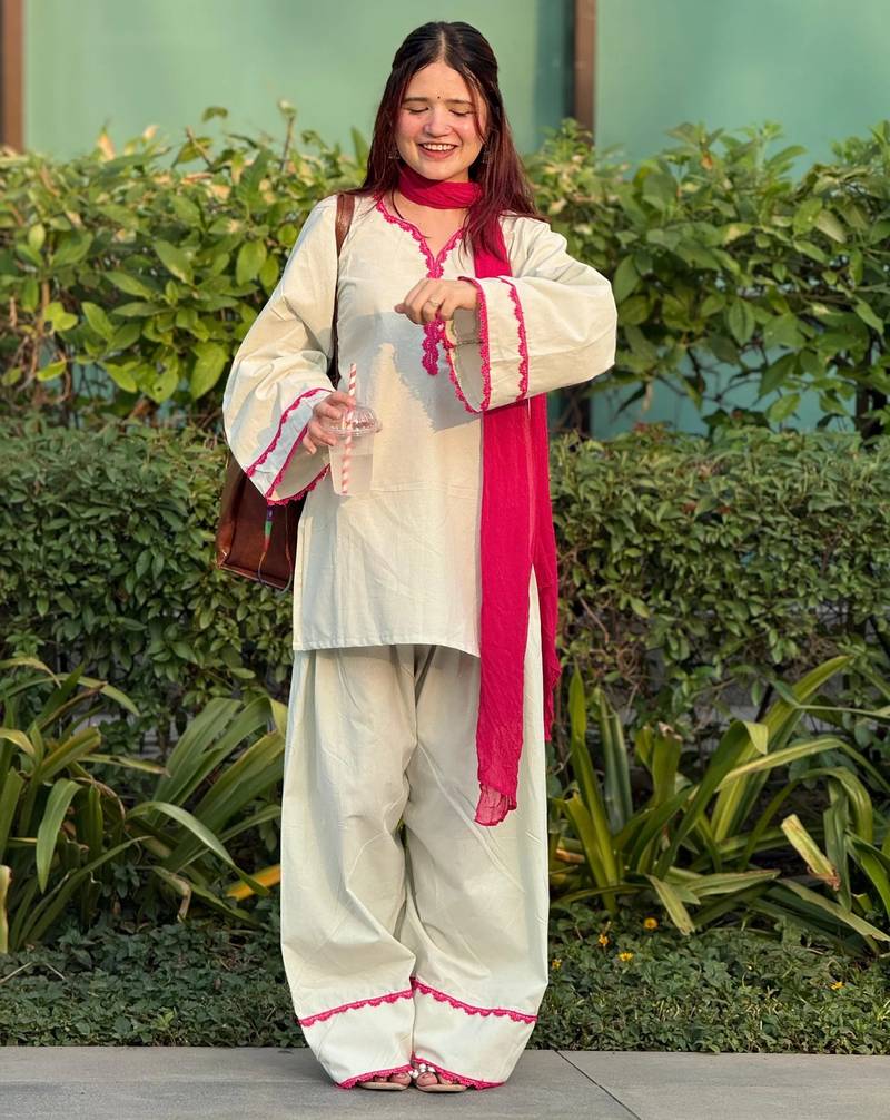 Off white cotton kurti patiala gharara set with chinnon dupatta