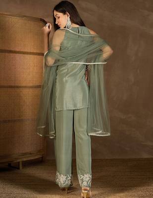 Pista green chinnon embroidered kurti palazzo set 4