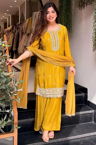 Yellow pure kajo silk blend suit set with nazmin dupatta