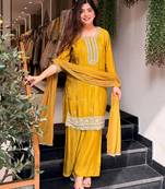 Yellow pure kajo silk blend suit set with nazmin dupatta