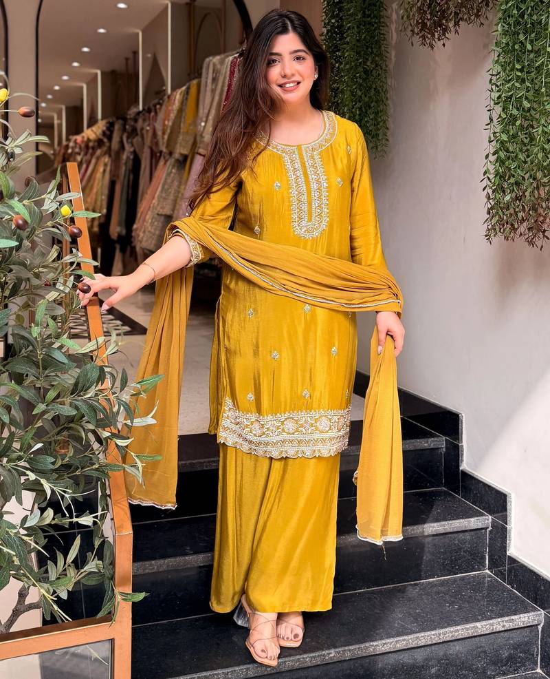Yellow pure kajo silk blend suit set with nazmin dupatta