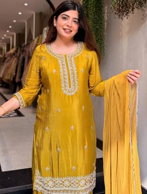 Yellow pure kajo silk blend suit set with nazmin dupatta 2
