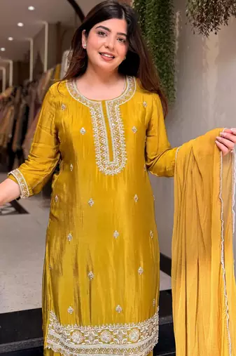 Yellow pure kajo silk blend suit set with nazmin dupatta