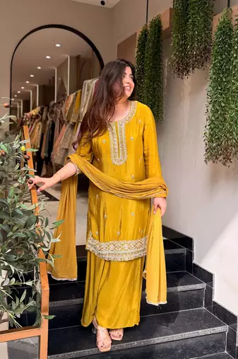 Yellow pure kajo silk blend suit set with nazmin dupatta