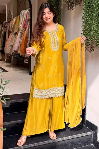Yellow pure kajo silk blend suit set with nazmin dupatta