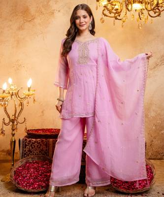 Pink embroidered crunchy silk blend short kurti palazzo set 1