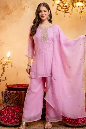 Pink embroidered crunchy silk blend short kurti palazzo set