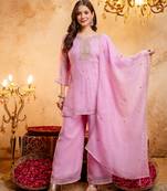 Pink embroidered crunchy silk blend short kurti palazzo set
