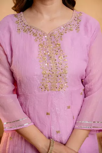 Pink embroidered crunchy silk blend short kurti palazzo set