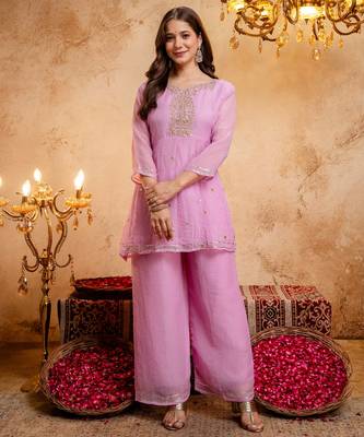 Pink embroidered crunchy silk blend short kurti palazzo set 4