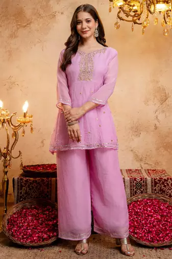 Pink embroidered crunchy silk blend short kurti palazzo set