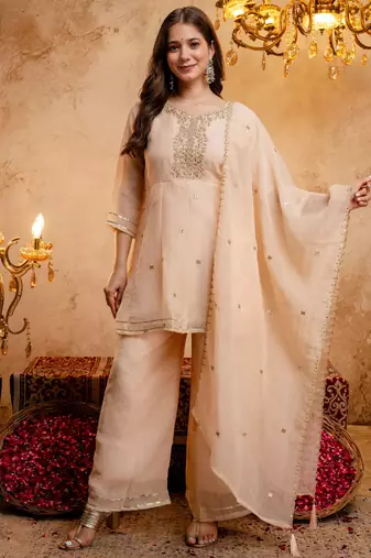 Chiku embroidered crunchy silk blend short kurti palazzo set