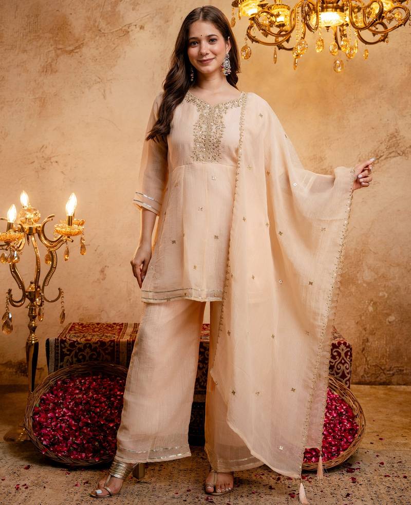 Chiku embroidered crunchy silk blend short kurti palazzo set