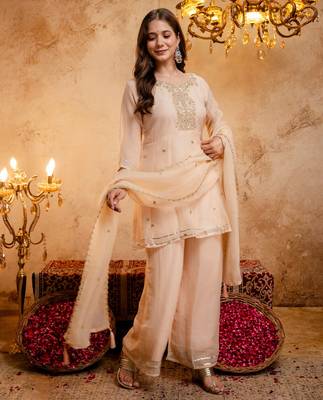 Chiku embroidered crunchy silk blend short kurti palazzo set 2