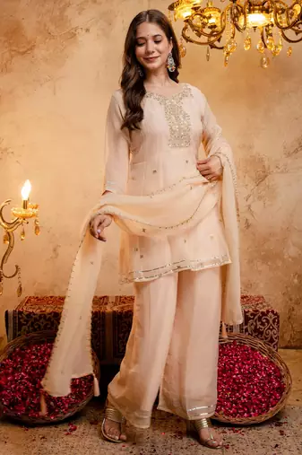 Chiku embroidered crunchy silk blend short kurti palazzo set