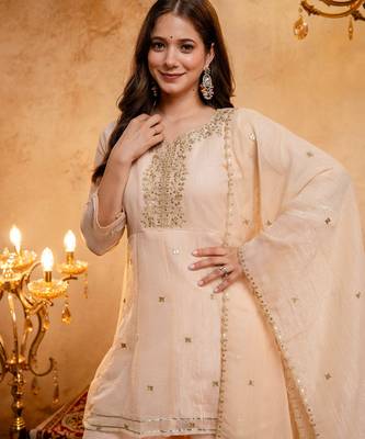 Chiku embroidered crunchy silk blend short kurti palazzo set 3