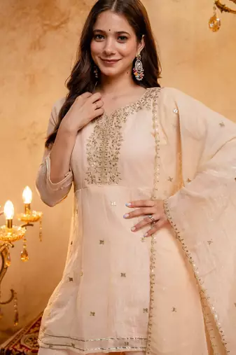 Chiku embroidered crunchy silk blend short kurti palazzo set