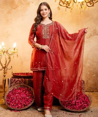 Rust embroidered crunchy silk blend short kurti palazzo set 1
