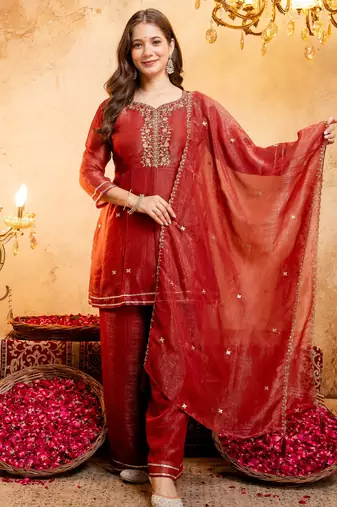 Rust embroidered crunchy silk blend short kurti palazzo set