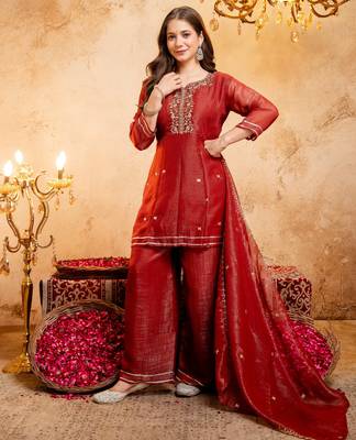 Rust embroidered crunchy silk blend short kurti palazzo set 2