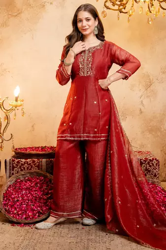 Rust embroidered crunchy silk blend short kurti palazzo set