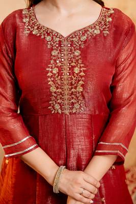 Rust embroidered crunchy silk blend short kurti palazzo set 3