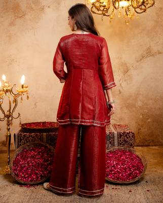 Rust embroidered crunchy silk blend short kurti palazzo set 4