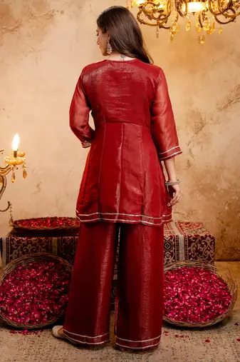 Rust embroidered crunchy silk blend short kurti palazzo set