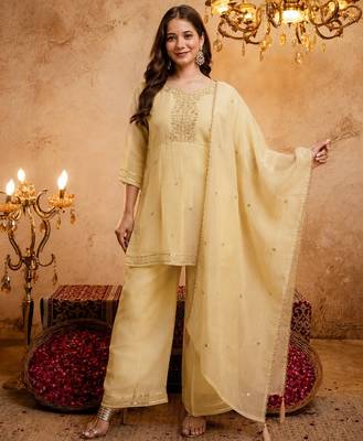 Yellow embroidered crunchy silk blend short kurti palazzo set 1