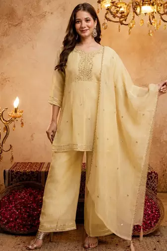 Yellow embroidered crunchy silk blend short kurti palazzo set