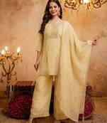 Yellow embroidered crunchy silk blend short kurti palazzo set
