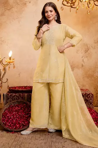 Yellow embroidered crunchy silk blend short kurti palazzo set