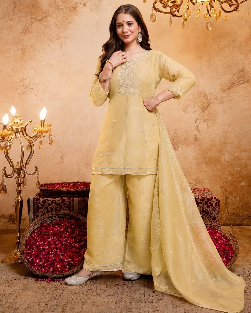 Yellow embroidered crunchy silk blend short kurti palazzo set