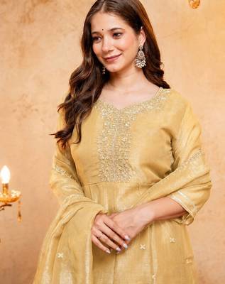 Yellow embroidered crunchy silk blend short kurti palazzo set 3