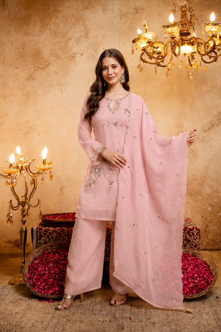 Pink embroidered kurta palazzo set with dupatta