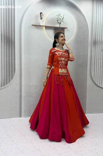 red cotton plain mirror work circular lehenga Lehenga Choli for Navratri