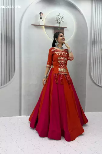 red plain cotton mirror work circular lehenga choli