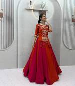 red cotton plain mirror work circular lehenga Lehenga Choli for Navratri