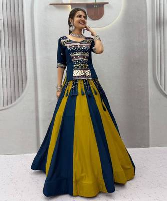 navy blue cotton plain mirror work circular lehenga Lehenga Choli for Navratri 1