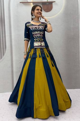 navy blue cotton plain mirror work circular lehenga Lehenga Choli for Navratri