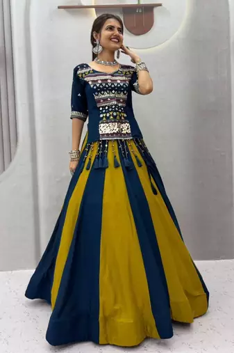 navy blue cotton plain mirror work circular lehenga Lehenga Choli for Navratri