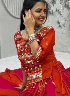 red cotton plain mirror work circular lehenga Lehenga Choli for Navratri 2