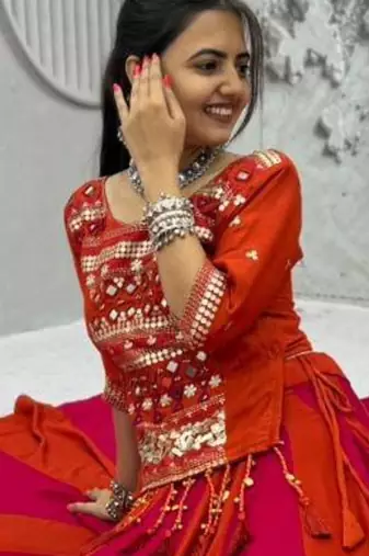 red plain cotton mirror work circular lehenga choli